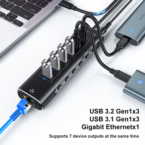 RSHTECH Powered 7 Ports USB 3.1/3.2 Gen 2 USB 3.0 Typ C Hub 7 in 1 Rj45 Netzwerk adapter Computer-Docking station für Laptop-PC - Product Image 2