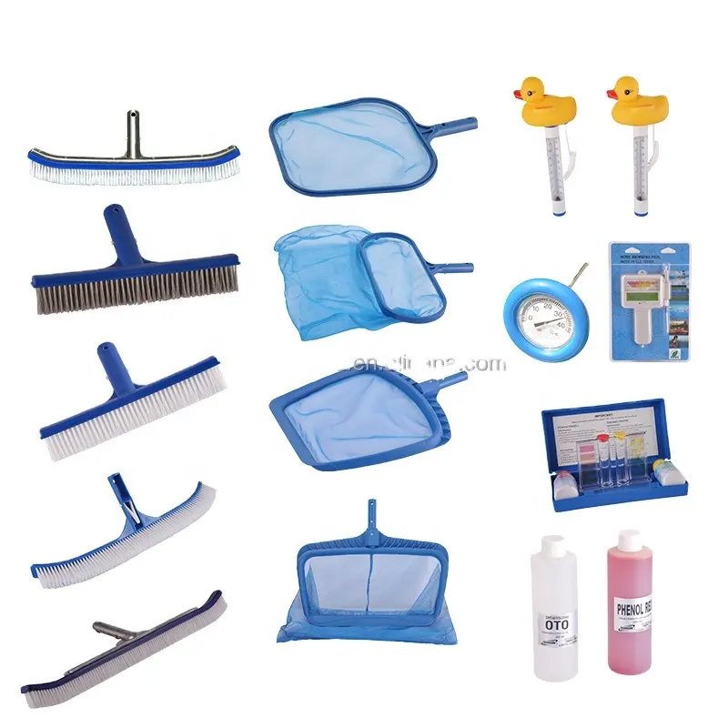 Accesorios de limpieza para piscina, skimers de hojas con cabezal de vacío, cepillos de pared, termómetros flotantes, kit de prueba de ph