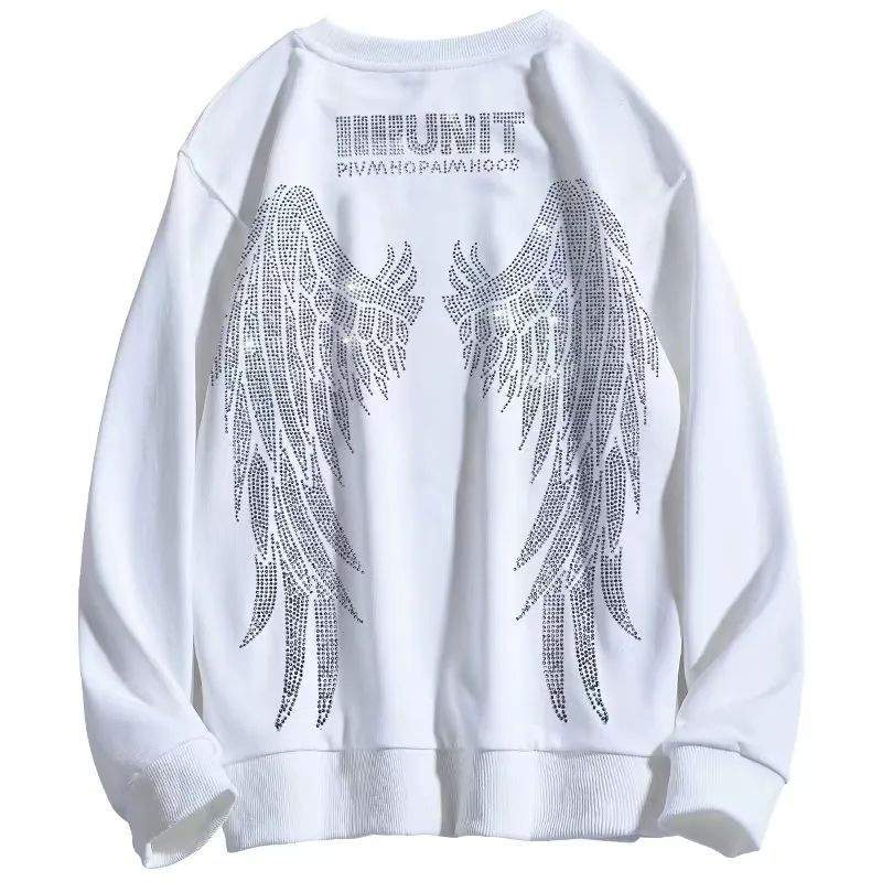 Campione gratuito Designer angel wings strass pattern hotfix designs custom iron on transfer print on t-shirt