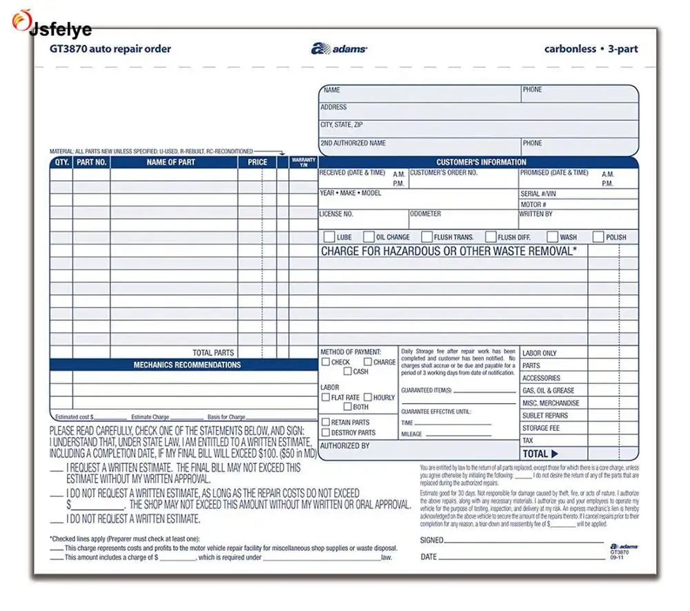 8.5x7.44 in Carbonless 3-파트 자동 수리 주문 송장 책 양식