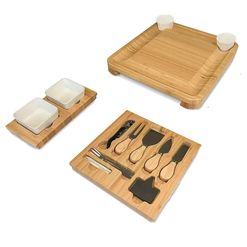 Tavola di formaggio di bambù e coltello Set di forniture di fabbrica personalizzate ciotola in ceramica apribottiglie in legno per formaggio