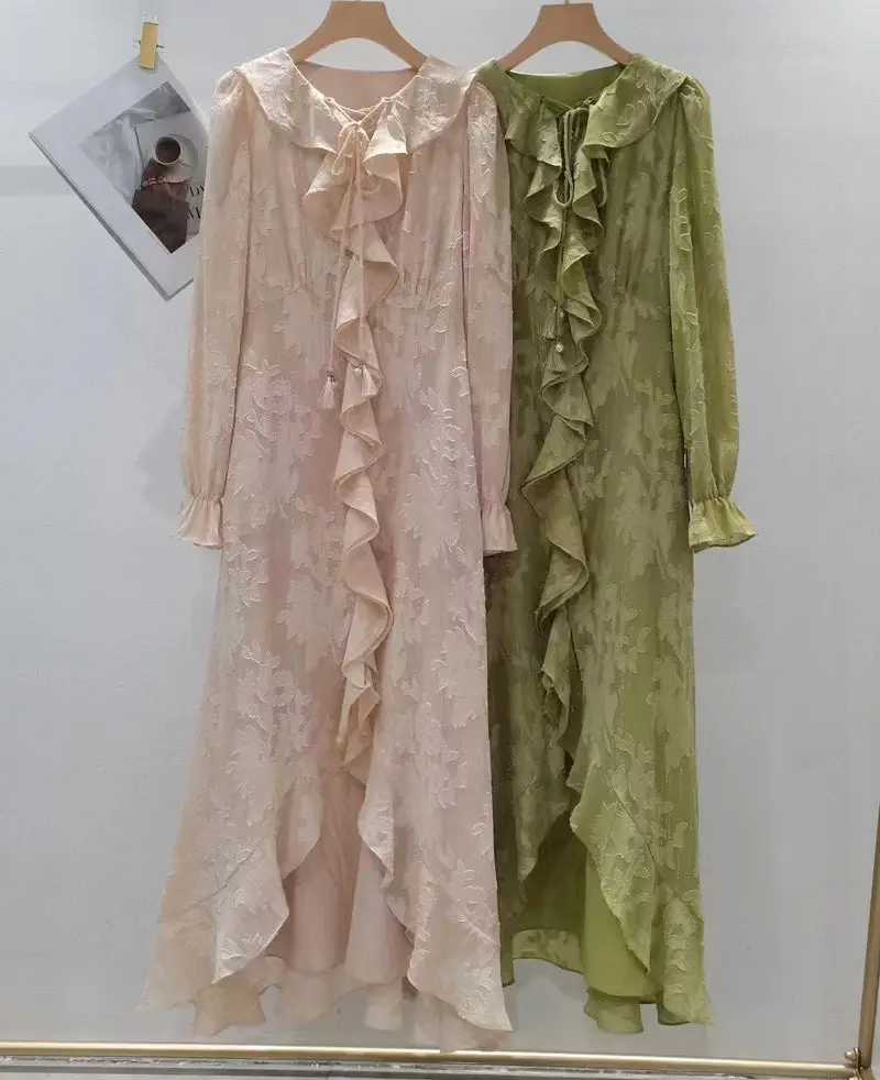 Top qualité nouveau 2023 automne longue robe femmes col claudine à volants Floral déco à manches longues rose vert longue Maxi robe taille XXL