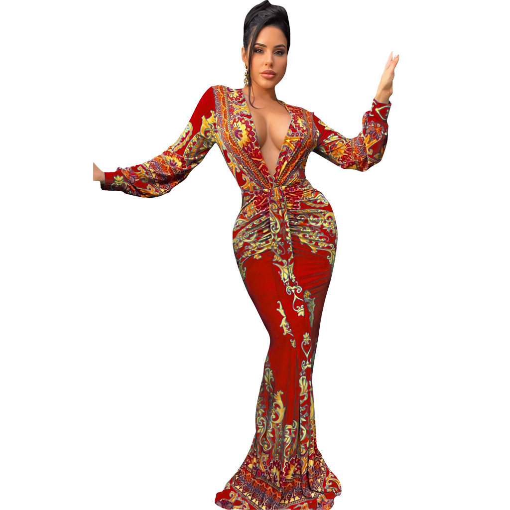 CM.YAYA Women Paisley Elegant Ruched Deep V-neck Long Sleeve Mermaid Bodycon Midi Maxi Dress Sexy Party Night Prom Long Dresses