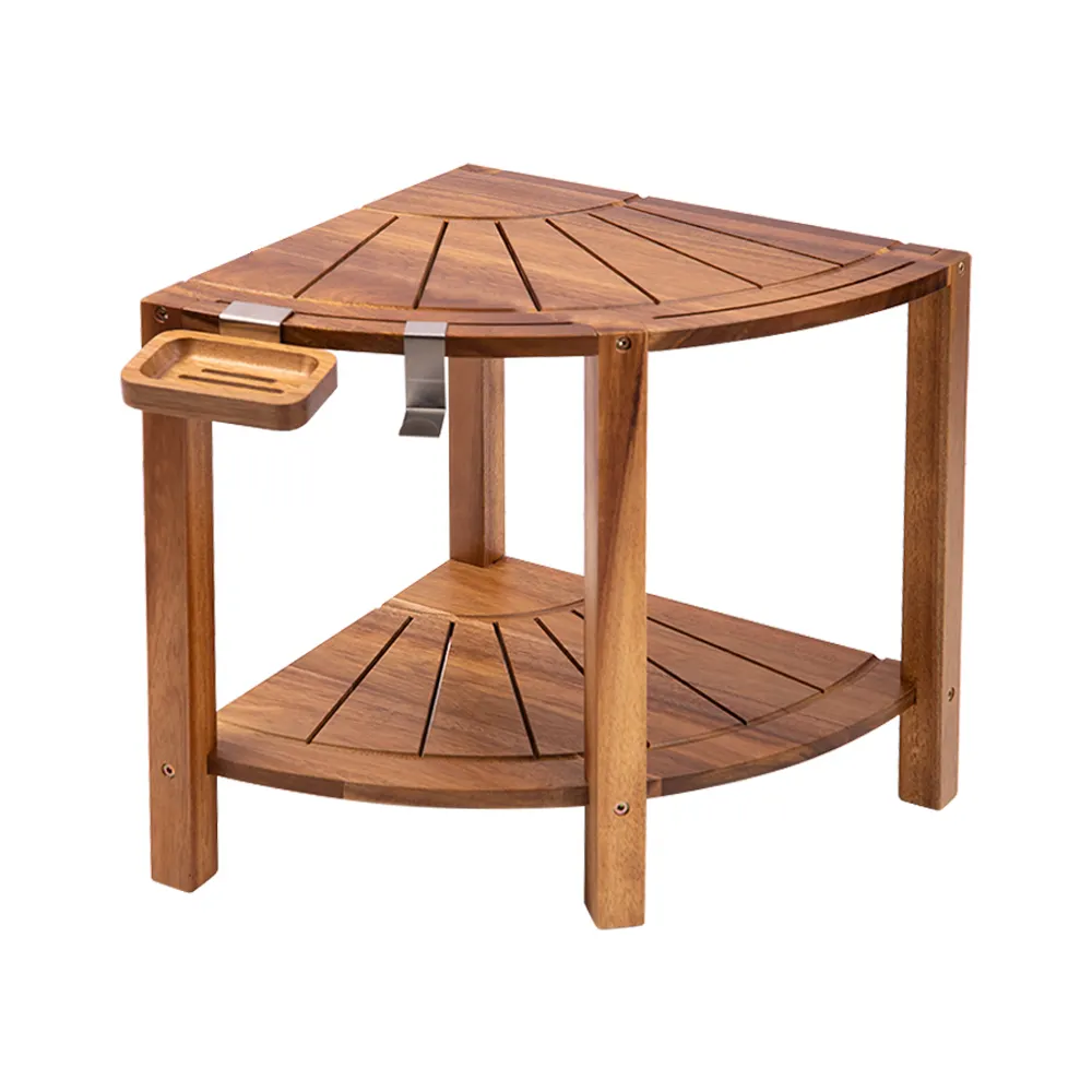 Acacia/Teak/Bamboo wood Corner Shower Bench Spa Stool Foot Rest Shaving Seat Stool with Shelf
