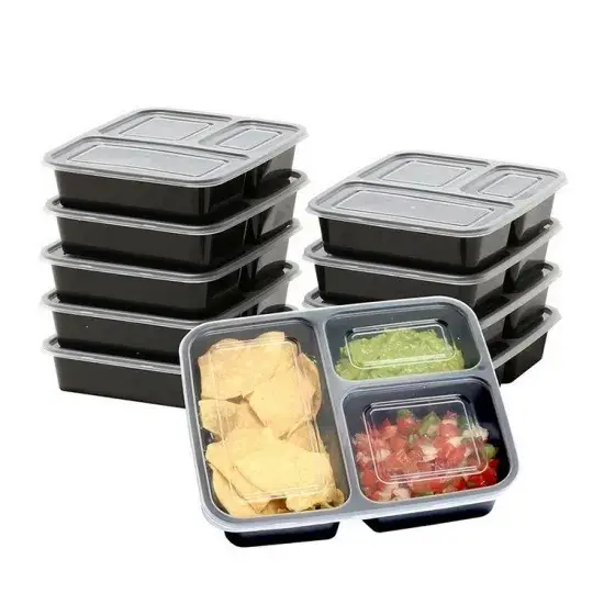 Contenedor de comida de plástico reutilizable, fiambrera Bento desechable con 3 compartimentos para guardar comida en el microondas