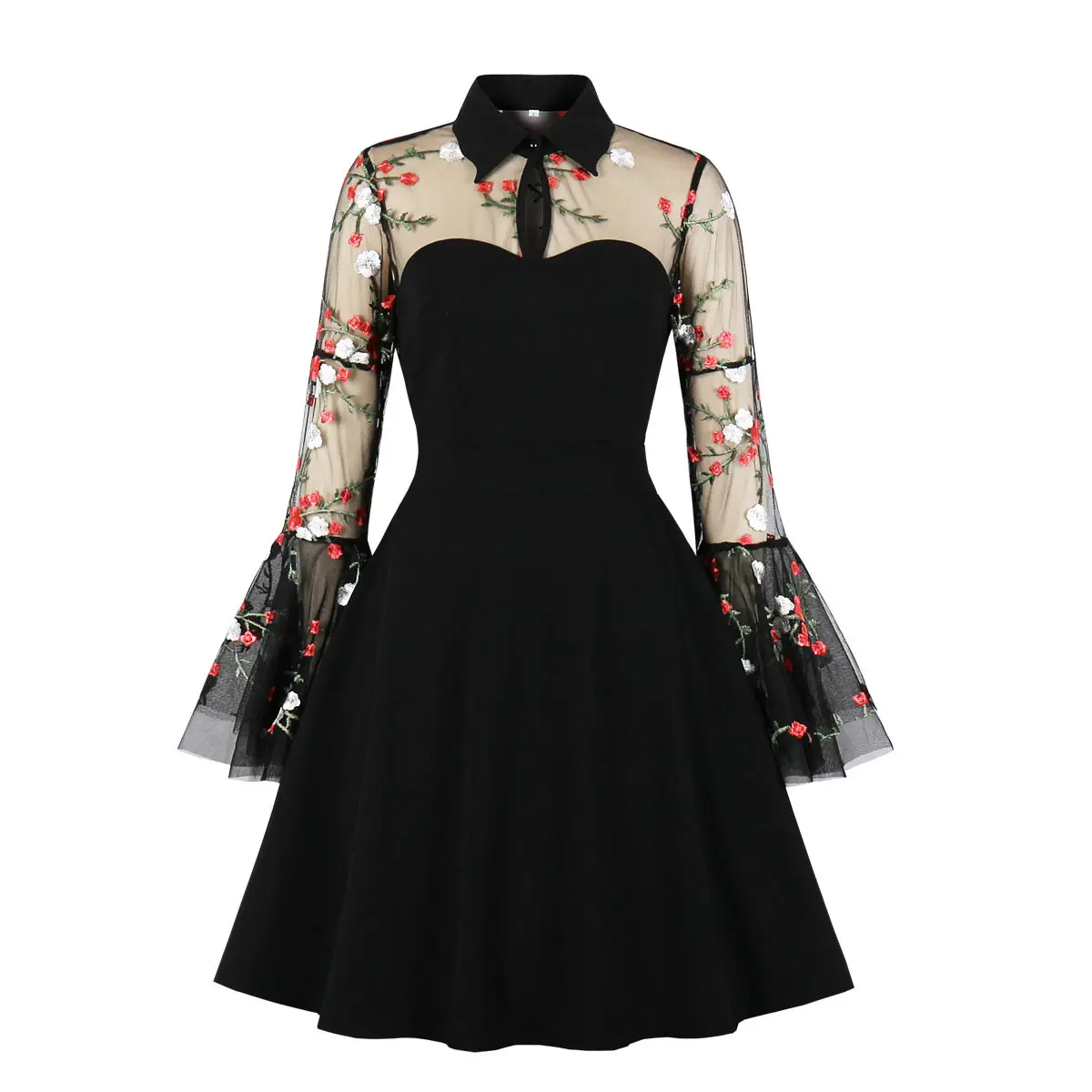 MXN 1685 vestido retrô para mulheres com bordado de flores vintage Halloween preto rainha malha manga trompete retalhos