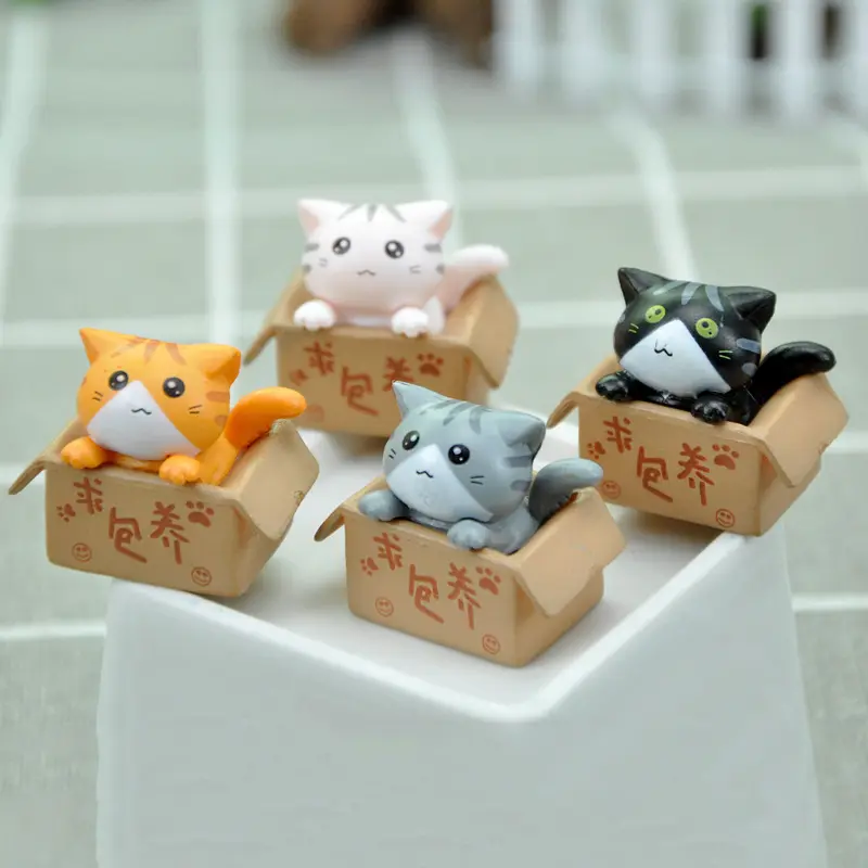 Caja de dibujos animados Kawaii para niños, Mini figuras en miniatura de gato en 4 colores para jardín, artesanía de plástico, ornamento de escritorio, decoración del hogar, regalo