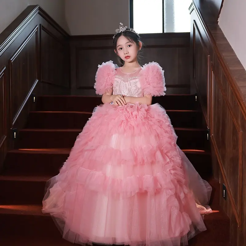 Abito da ballo lungo di lusso di colore rosa lungo treno ragazze abiti da principessa bambini abiti da festa di compleanno per 2-14 anni