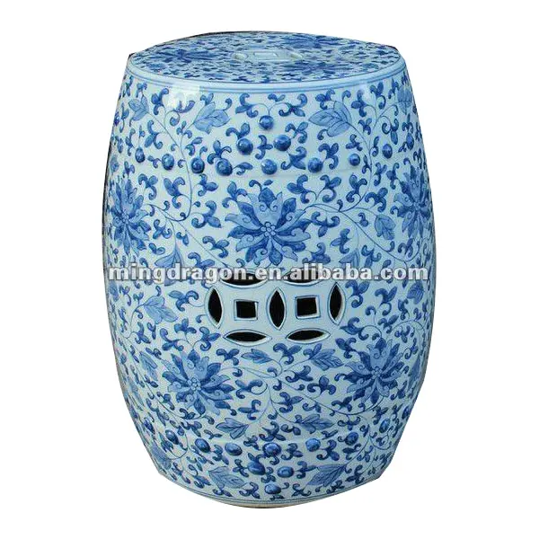 Taburete de cerámica de jardín chino antiguo, blanco y azul