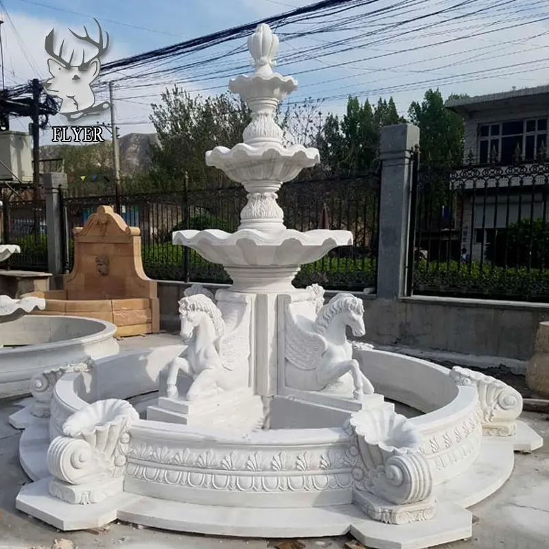 Fuente de agua de piedra de 3 niveles de tamaño grande para jardín al aire libre con estatua de caballo tallada