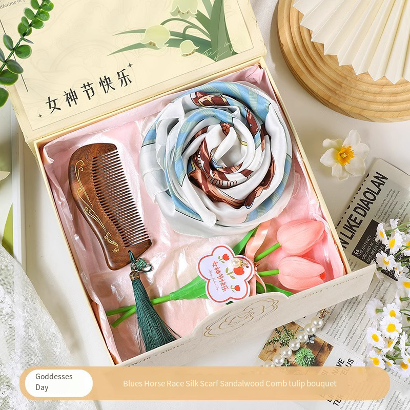 SKU-08 Blues horse racing scarf + sandalwood comb + tulip