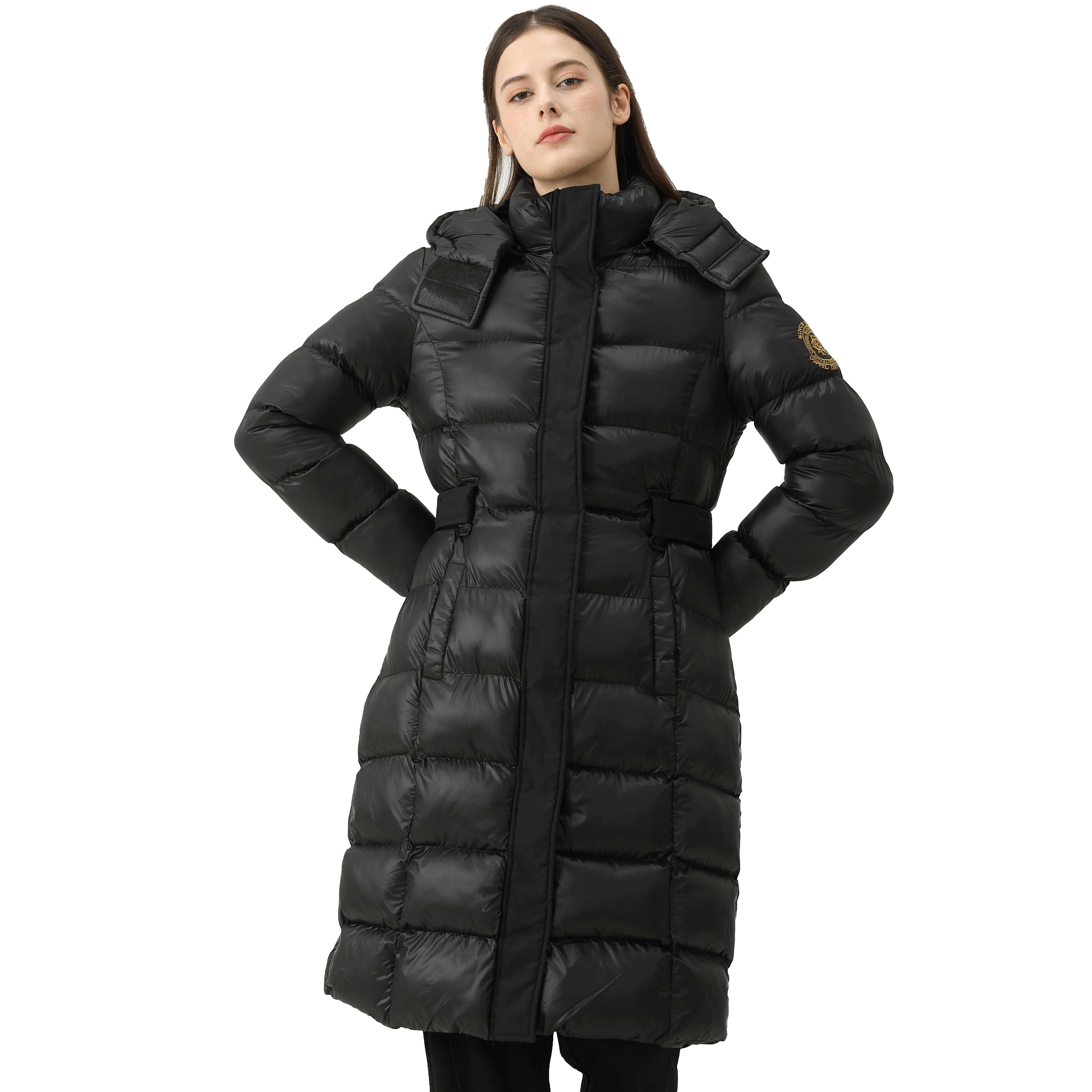 カスタムロゴ冬の女性のロングコートフード付きの暖かい厚い黒のダウンパーカーExpeditonダウンジャケット女性のための