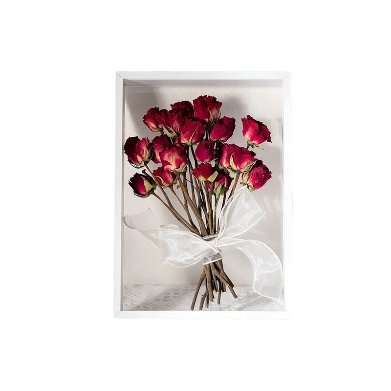 ดอกไม้ที่มีคุณภาพสูง Diy คู่แก้วสีขาวเงากล่องกรอบขายส่งแห้งกล่องดอกไม้ผนังภาพ3d กรอบ