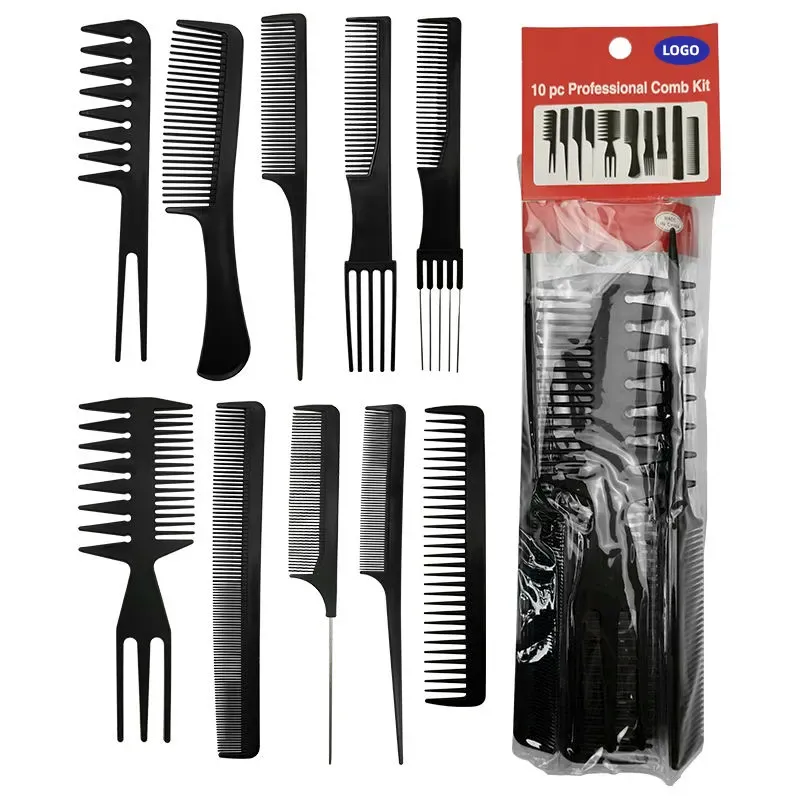 Custom Alta Qualidade Salon Barbeiro Cabeleireiro 10 pcs Massagem Variety Engrenagens Assorted Pack Plastic Hair Comb Set