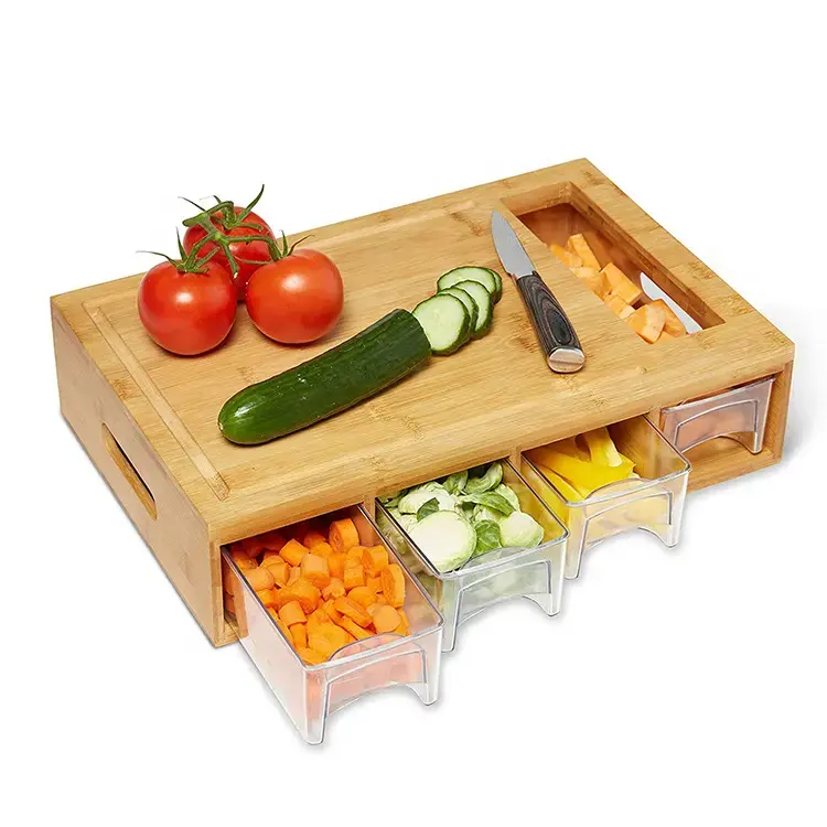 Holesale-tabla de cortar de bambú natural para cocina, utensilio orgánico grande personalizado con 4 bandejas de extracción y 4 ralladores de verduras