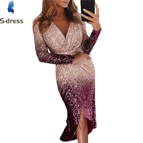 New Fashion Wholesale Price Cheap Wrapped Ruched Irregular Sequins Dresses Women Party Evening