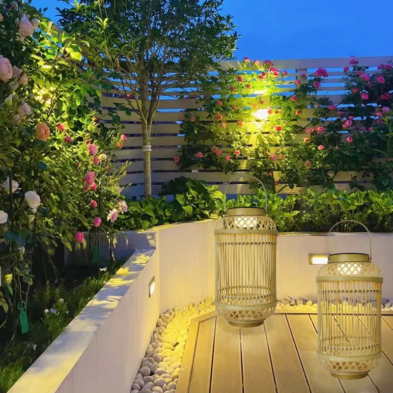 Lampe de décoration extérieure solaire Cour Villa Imperméable Style chinois Lumières de jardin Atmosphère Lanterne extérieure en bambou et rotin