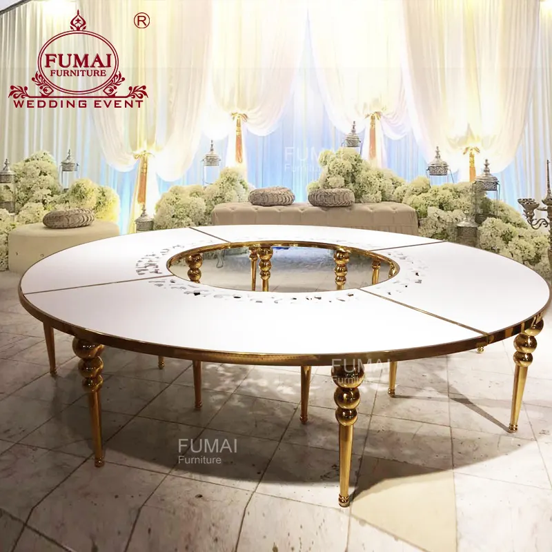 Mesa dorada tallada con forma redonda de serpentina, media luna, romántica, para boda, con parte superior de mdf