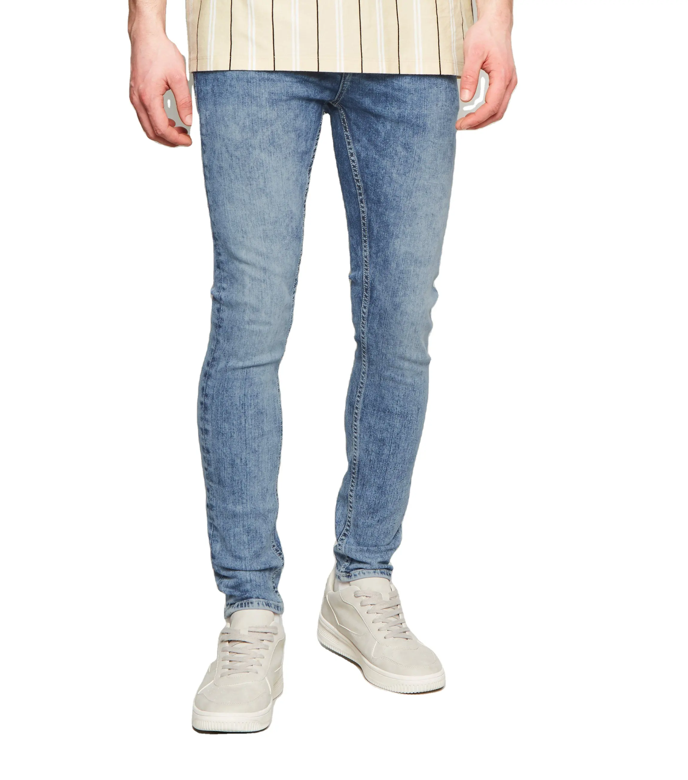 Jeans bleu vif de haute qualité pour hommes hiver décontracté Slim Fit Denim avec lavage à l'acide en détresse fermeture éclair braguette Skinny Stretch Style