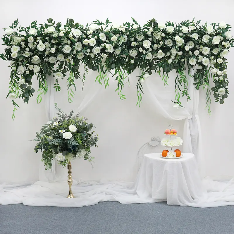 Custom Green Plants Leaf White Rose Flower Arrangement With Hanging Vine Artificial Floral Row Wedding Backdrop Wall Decor Props