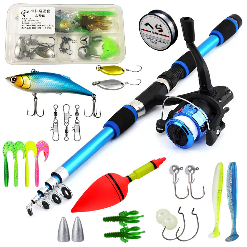 bleu 18m+200 moulinet+20 accessoires+poisson+flotteur gros ventre+cloche