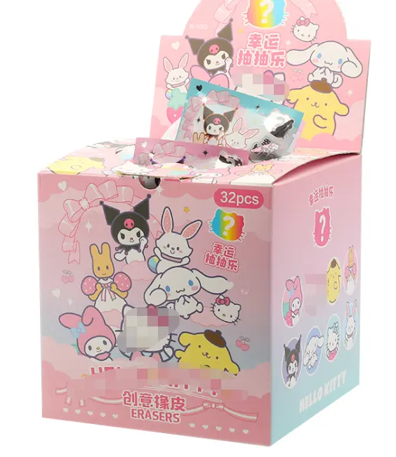 Ruunjoy 32 unids/caja Sanrio caja ciega muñeca lápiz borrador Hello Kitty Melody Pochacco borradores caja misteriosa estudiante papelería