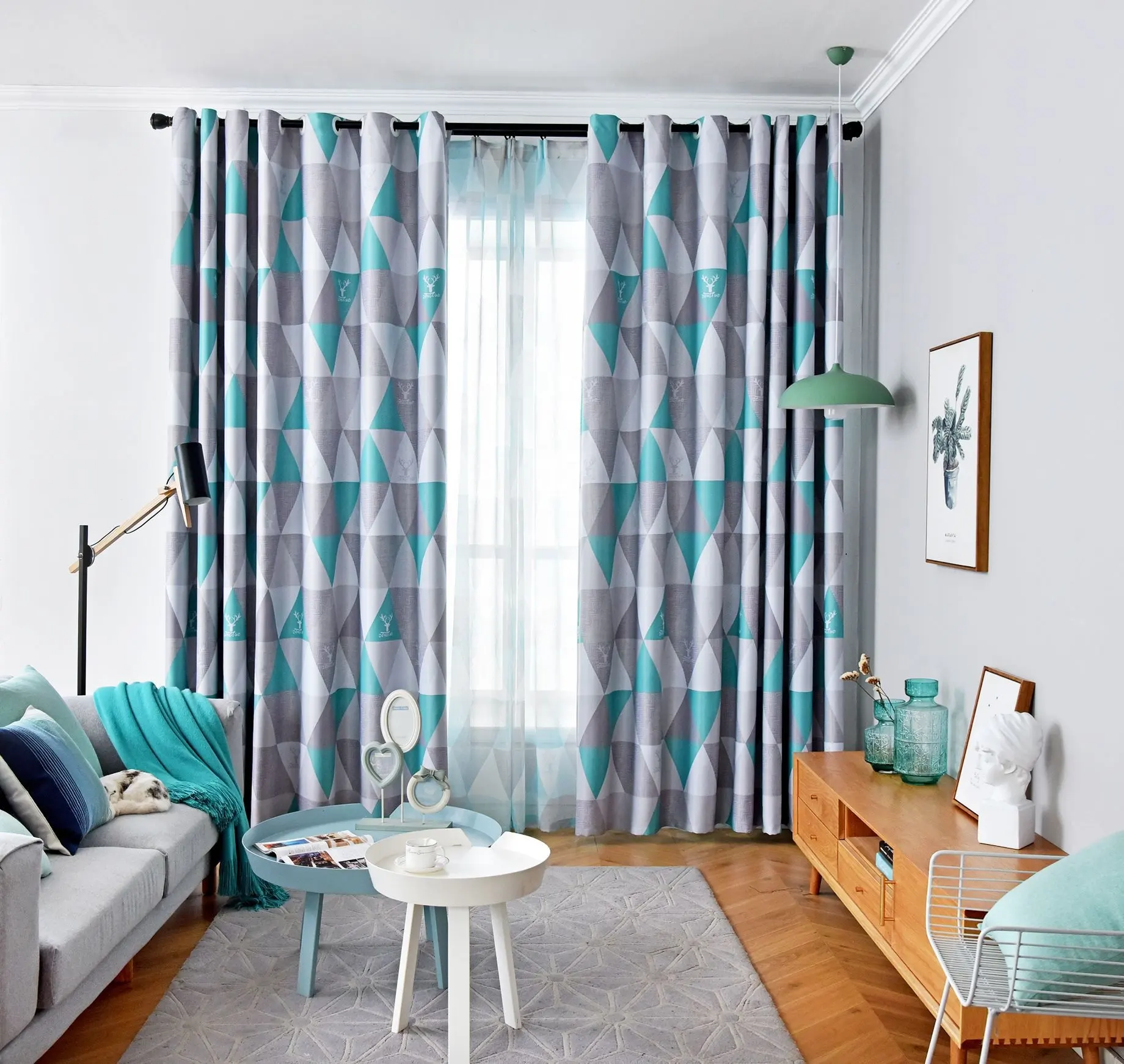 Moderna simplicidad nórdica geométrica impreso azul cortina hogar Decoración de poliéster cortinas de la ventana para la sala
