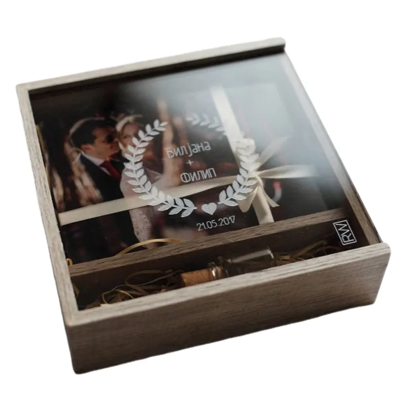 Kotak hadiah foto kayu USB kustom, kotak penyimpanan foto untuk USB dan foto pernikahan fotografi USB kayu
