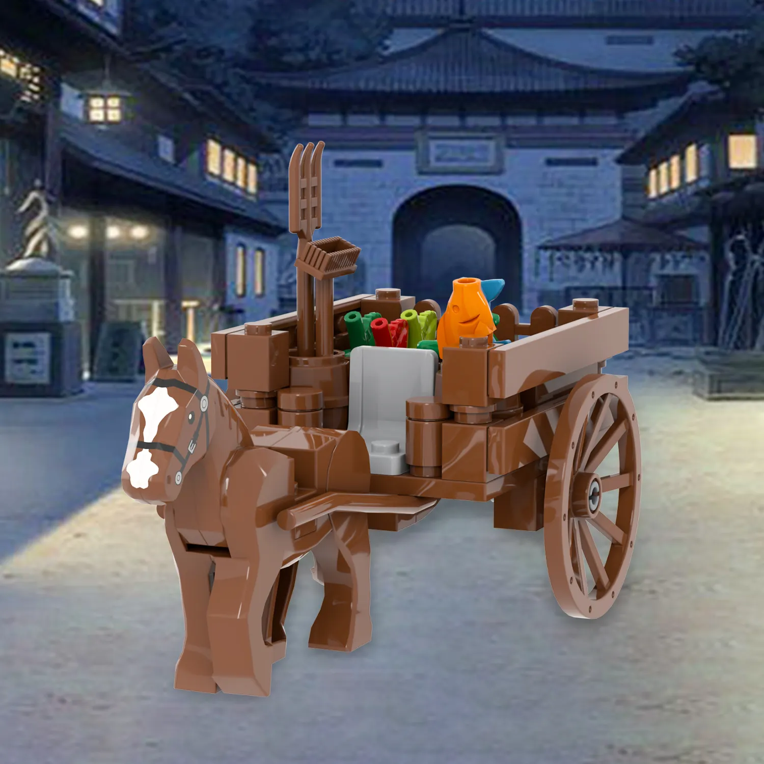 MOC3028 fattoria mela pesce carota carrozza medievale 55 pezzi Street View Building Blocks fai da te veicolo mattoni giocattoli per bambini regalo