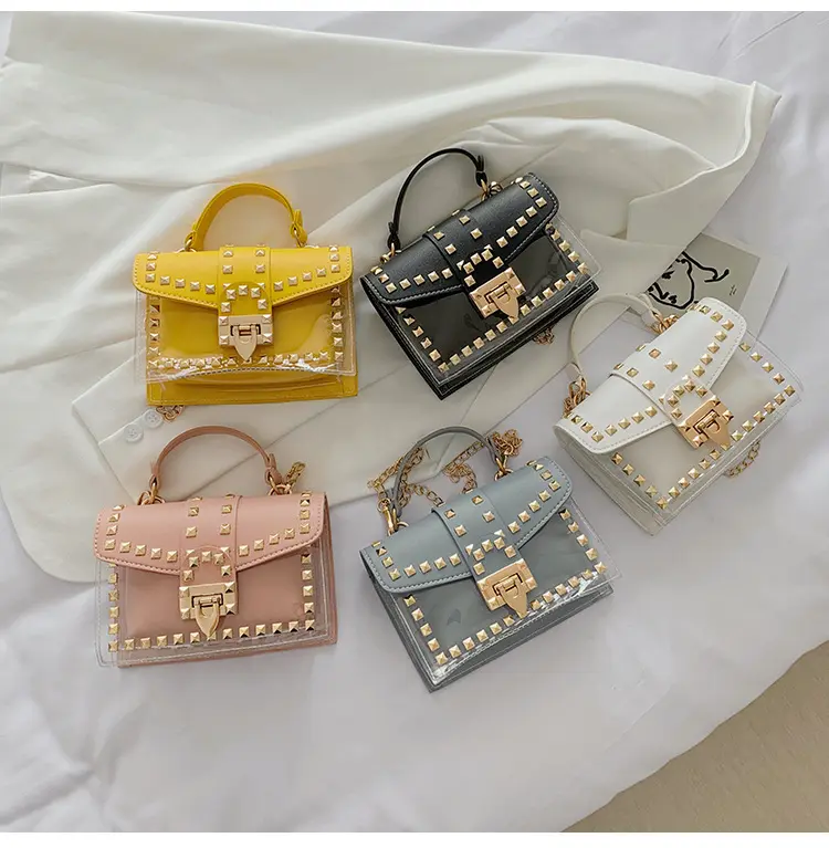 Tas Tangan Pvc Fashion 2020 Perempuan Tas Tangan Pvc Grosir Kotak Paku Keling untuk Wanita