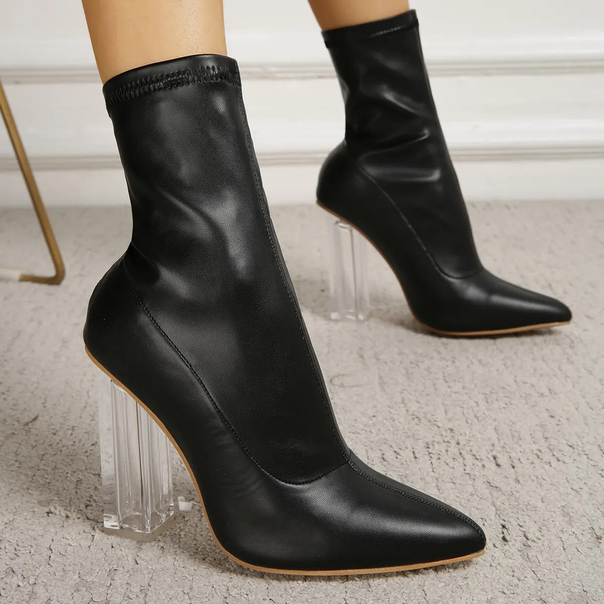 Botines de piel sintética con punta en pico para mujer, botas de tacón personalizadas, talla grande, venta al por mayor