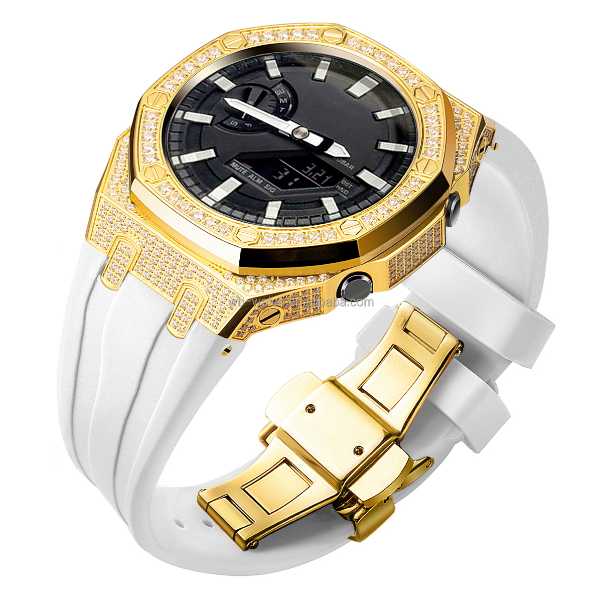 Diamond Set Gold Ring +Gold Case + White Strap