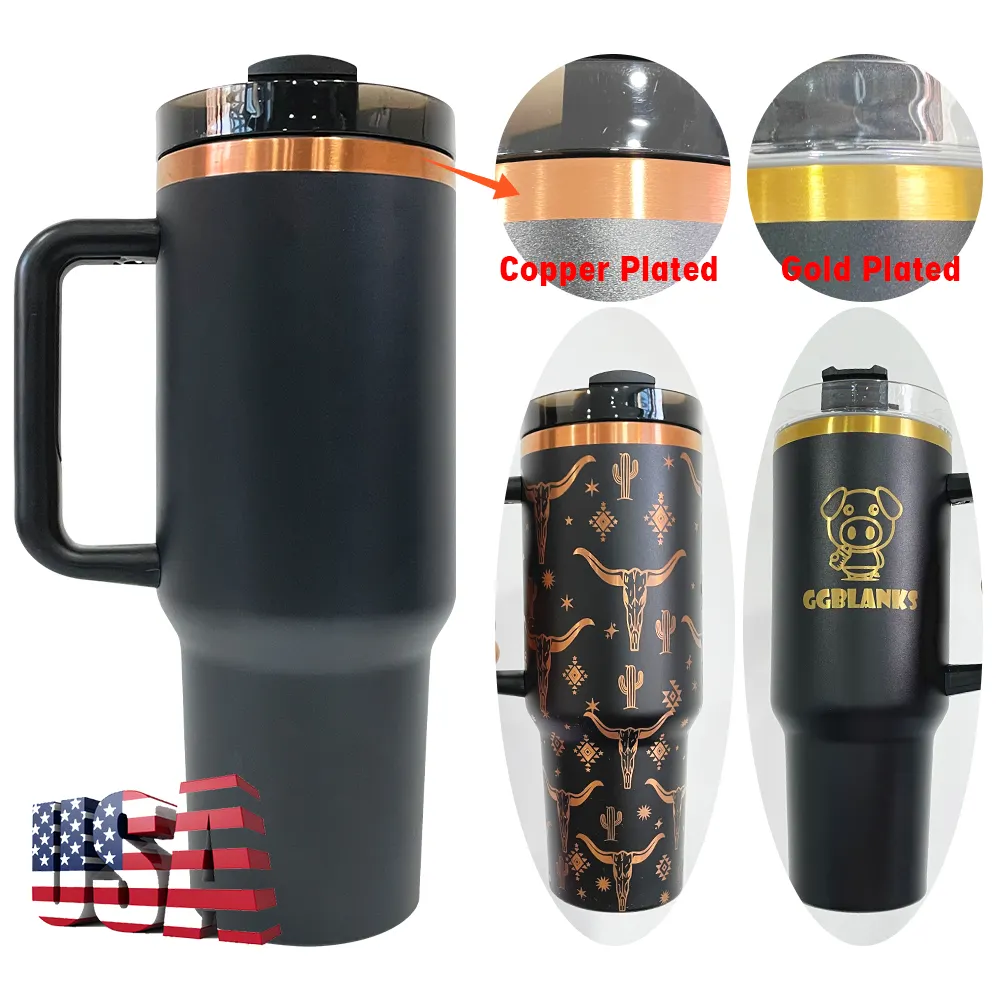 Usa Magazijn Rts Laser Gegraveerd 40Oz Gepoedercoat Zwarte Kleur Verkoperde Quencher Thermosbekers Met Stro En Deksel