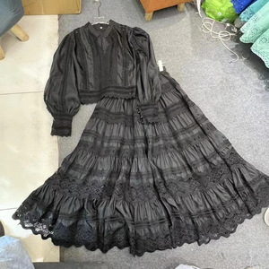Spring New Arrival Solid Color French Lace Patchwork Puff Sleeve Shirt and Maxi Skirt Suits <strong>Set</strong> <strong>Two</strong> Pieces Woman - Product Image 4
