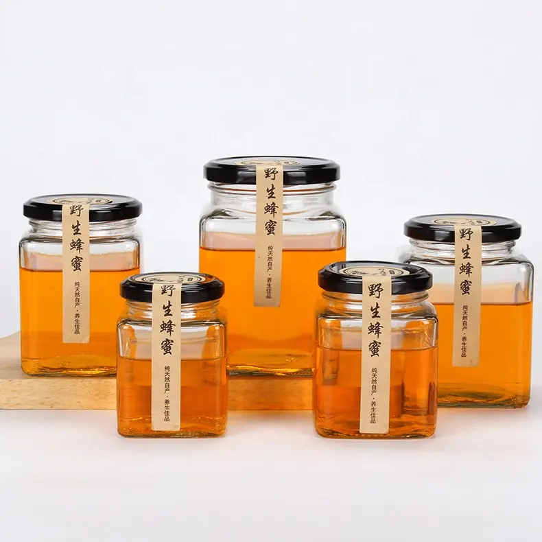 Frascos de vidrio ámbar para miel con tapa de Metal, Frascos cuadrados vacíos para miel, 280ml, 500ml