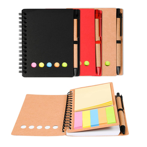 Marcador de página de notas adhesivas portátil, pestañas de índice de colores, cubierta de papel Kraft, Bloc de notas, cuaderno espiral con bolígrafo