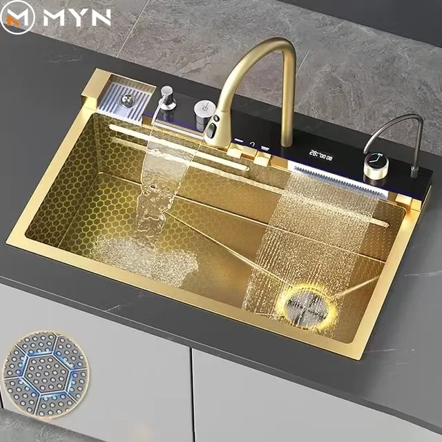 Tiktok nuova tendenza oro due cascata un pezzo rubinetto Nano 304 Sus cascata rubinetto 5 chiave Golden fattoria lavelli da cucina