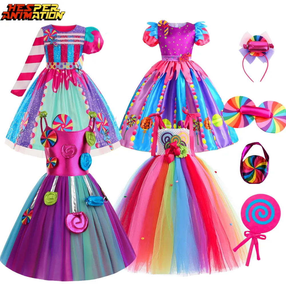 Niños Lollipop Candy Dress Girls Lace Fancy Christmas Party Performance Princess Tutu Dress Princess Rainbow Dress con Wing