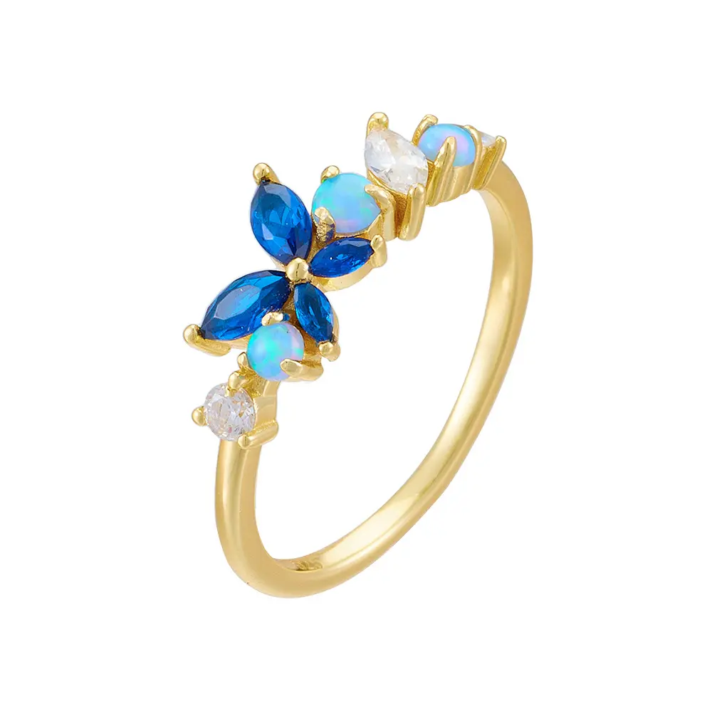Anel de prata esterlina 925 banhado a ouro opala borboleta, joia fina de luxo e luz com zircônias azuis