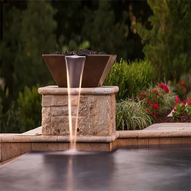 Firepit da esterno a Gas con funzione acqua pozzo del fuoco in acciaio Corten quadrato a basso fumo e ciotola dell'acqua per piscina