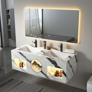 Modern çift katmanlı mermer duvara monte ahşap ayna dahil seramik lavabo kabine kaya kayrak küçük banyo Vanity