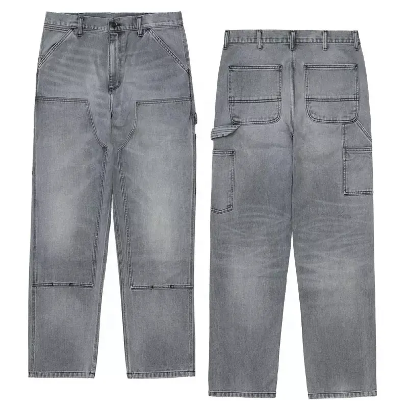 Pantaloni da carpentiere a doppio ginocchio da uomo pantaloni cargo larghi personalizzati lavati in pietra denim da lavoro per uomo