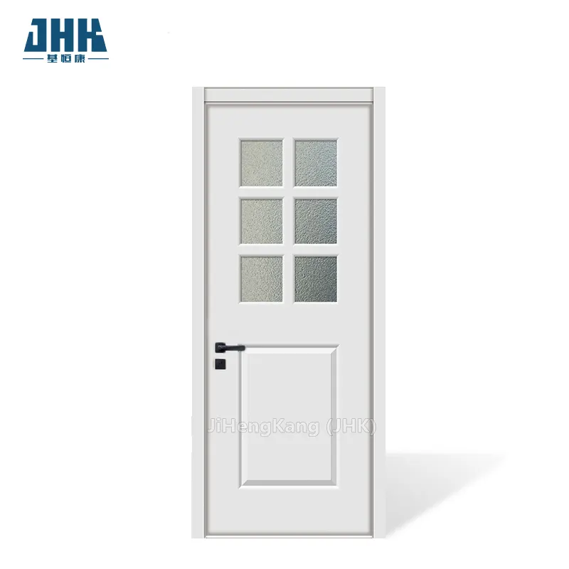 Imprimación blanca lisa con vidrio templado Puerta francesa interior de 6 paneles Puertas interiores modernas puertas personalizadas