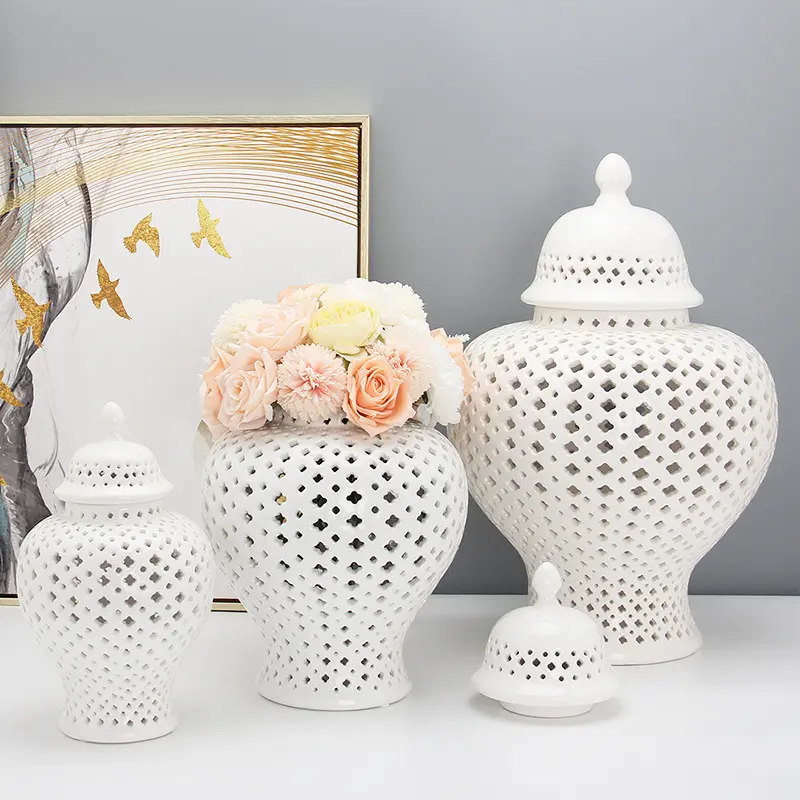 Cerâmica oca para fora conjunto de três gengibre jar decoração home jar com tampa Europa gengibre branco jar para decoração de casa