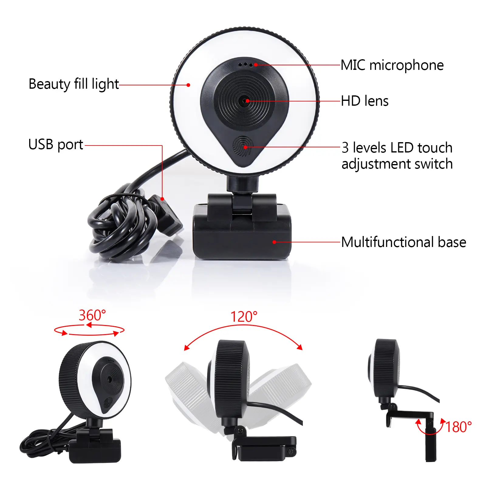 Webcam com anel de luz hd autofocus, 4k, 1080p, contração facial para transmissão