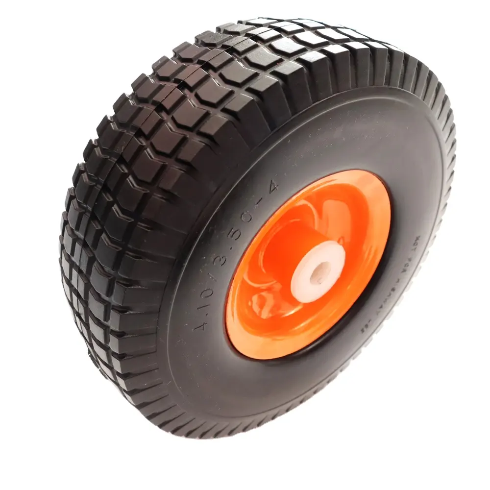 4.10/3.50-4 pu foam wheel 10 inch Flat-Free Tires 3.50-4 Orange Solid Rubber Tire and Wheel Assemblies 5/8 inch Bearings