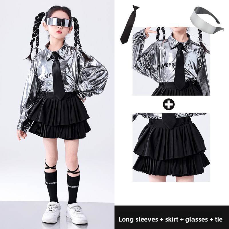 silver top + black double-layer skirt + glasses + tie