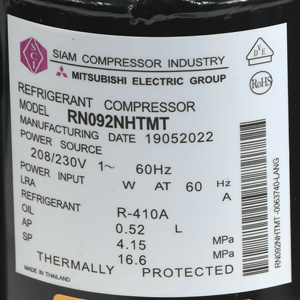 Klima için sabit hız döner kompresör RN092NHTMT R410A 1.1 <span class=keywords><strong>hp</strong></span> 208 230V 1ph 60hz