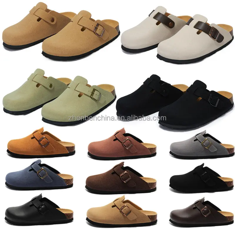 Design classique sabots personnalisés chaussures femmes hommes sabots Mules vache daim cuir sabots soutien de la voûte plantaire semelle en liège pantoufles plates homme femmes