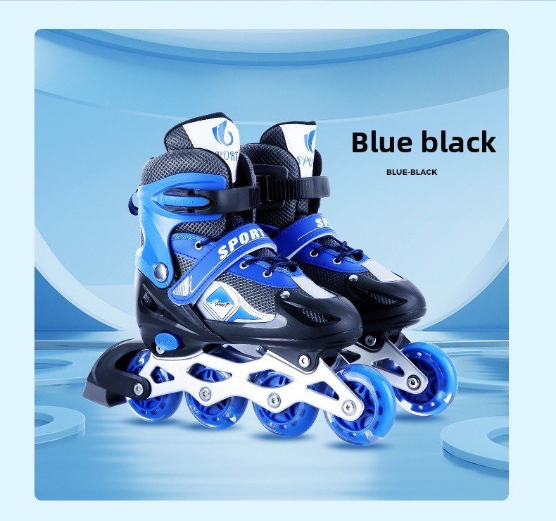 Un par de zapatos negros y azules, completamente brillantes.